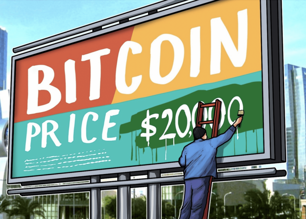 Illustration of city billboard reading "Bitcoin Price $20,000"