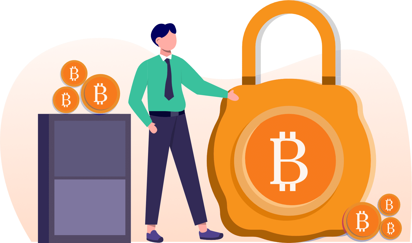 Illustration of man standing next to a lock with Bitcoin on front. Cryptocurrency secure , transactions concept, Vancouver coin exchange, cash to bitcoin Vancouver, bitcoin near me