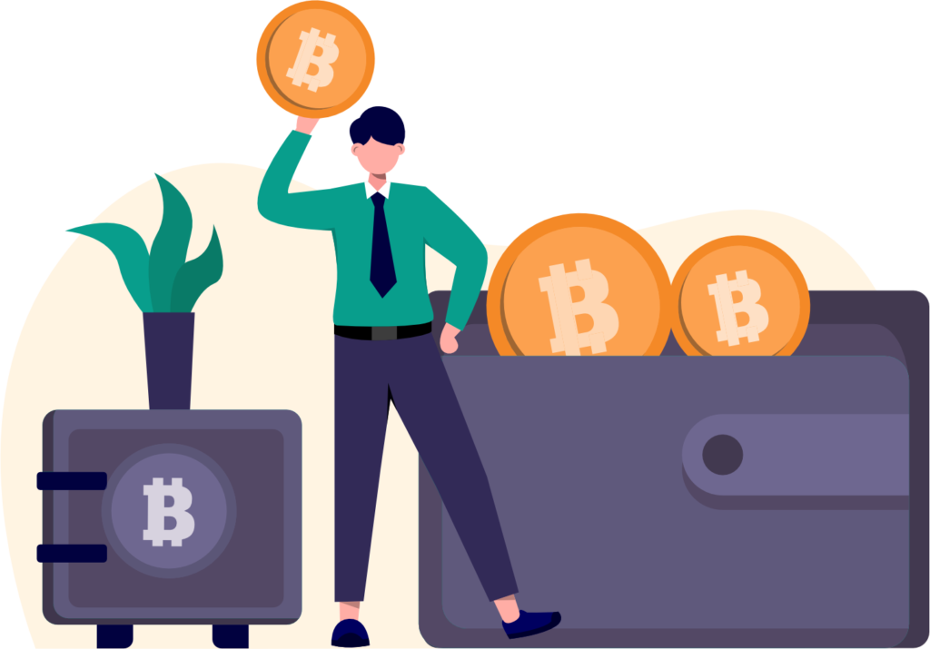 Illustration of man holding Bitcoin Coin and Cryptocurrencies in Wallet
